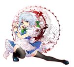  apron between_fingers black_legwear blue_eyes blue_skirt bow braid clock fighting_stance gears hair_ribbon izayoi_sakuya knife maid maid_headdress potesara puffy_sleeves ribbon shirt short_sleeves silver_hair skirt solo thighhighs touhou twin_braids waist_apron wrist_cuffs zettai_ryouiki 