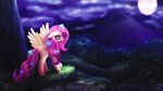  cloud clouds cutie_mark cyan_eyes detailed_background equine feathers female feral flower fluttershy_(mlp) friendship_is_magic fur grass hair horse macalaniaa mammal moon mountain my_little_pony night outside pegasus pink_hair pony sky solo sparkles stars wings yellow_fur 
