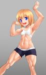  abs armpits bike_shorts blonde_hair blue_eyes covered_nipples flat_chest flexing kairuhentai muscle muscular_female navel original pose short_hair solo sports_bra thick_thighs thighs 