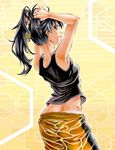  adjusting_hair araragi_karen armpits arms_up bad_id bad_pixiv_id black_hair from_behind grey_eyes grin hair_ornament long_hair looking_back monogatari_(series) nisemonogatari panties ponytail smile solo sweat tank_top traditional_media tuskman underwear wet wet_clothes 