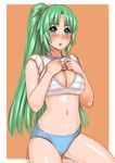  blue_bra blush bra breasts buruma cleavage embarrassed green_eyes green_hair gym_uniform higurashi_no_naku_koro_ni long_hair looking_at_viewer medium_breasts open_mouth ponytail shirt shirt_lift sitting solo sonozaki_mion striped striped_bra underwear zenkou 