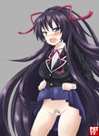  black_hair date_a_live highres long_hair no_panties open_mouth patty_(artist) pubic_hair pussy school_uniform solo very_long_hair yatogami_tooka 