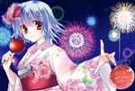  alternate_costume bad_id bad_pixiv_id blue_hair candy_apple fireworks food hair_ribbon japanese_clothes kimono morita_gurutamin pink_kimono red_eyes remilia_scarlet ribbon short_hair solo touhou water_yoyo wide_sleeves yukata 