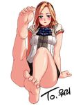  barefoot blonde_hair blue_eyes blush character_request cyphers feet highres korean leg_up legs long_hair ndgd pov_feet smile soles solo toes 