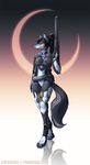  armor blue_nose canine clothing crescent_moon digitigrade female gun holster legwear looking_at_viewer mammal moon pistol ponytail pranktail ranged_weapon red_eyes rifle single solo suit tight_clothing toeless_socks weapon wolf 