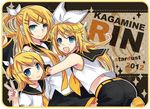  3girls blonde_hair blue_eyes blush character_name clone kagamine_rin long_hair looking_at_viewer multiple_girls older open_mouth short_hair smile tamura_hiro v vocaloid younger 