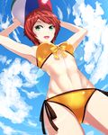  armpits arms_up ball beachball bikini cloud day from_below fumizuki_homura green_eyes original red_hair short_hair sly solo swimsuit 