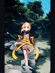  blonde_hair bow day fuukadia_(narcolepsy) glowing glowing_eyes grass hair_bow kurodani_yamame ponytail ribbon rock short_hair sky solo touhou tree 