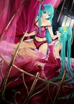  2girls aqua_eyes aqua_hair camisole curtains dated dual_persona dutch_angle flower hair_flower hair_ornament hatsune_miku highres kneeling long_hair multiple_girls nail_polish navel panties romeo_to_cinderella_(vocaloid) selfcest sitting strap_slip tg twintails underwear very_long_hair vocaloid yuri 