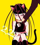  androgynous animal_ears blush cat_ears cat_tail envy_(fma) footwear fullmetal_alchemist headband hiroshi_(kitaro) homunculus long_hair midriff purple_eyes purple_hair shorts sitting skin_tight sleeveless slit_pupils socks tail yellow_background 