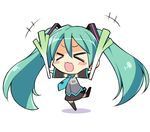  &gt;_&lt; :d blush chibi closed_eyes detached_sleeves gia_kon green_hair hatsune_miku long_hair necktie open_mouth outstretched_arms simple_background skirt smile solo spread_arms spring_onion thighhighs twintails very_long_hair vocaloid white_background xd 