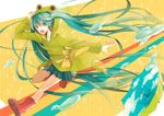  aqua_eyes aqua_hair bad_id bad_pixiv_id boots frog_raincoat hatsune_miku long_hair open_mouth rain raincoat rubber_boots shugao skirt solo twintails umbrella very_long_hair vocaloid water 