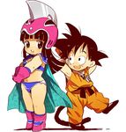  1boy 1girl armor armpits bikini_armor black_eyes black_hair boots cape chi-chi_(dragon_ball) chichi child dragon_ball gloves helmet long_hair looking_at_viewer navel open_mouth simple_background smile son_gokuu standing tail white_background young younger zakizaraki 