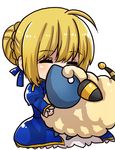  ahoge artoria_pendragon_(all) bad_id bad_pixiv_id blonde_hair chibi crossover dress fate/zero fate_(series) gen_2_pokemon hair_bun hug mareep pokemon pokemon_(creature) pokemon_(game) saber sheep terimayo_(sonnne_farbe) 