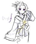  japanese_clothes kagamine_len kimono monochrome project_diva_(series) project_diva_f purple_eyes short_hair simple_background solo tamura_hiro vocaloid white_background 