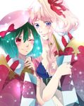  beret blonde_hair blue_eyes blush bow gen_(enji) green_hair hair_ribbon hat highres macross macross_frontier macross_frontier:_itsuwari_no_utahime multiple_girls one_eye_closed ranka_lee red_eyes ribbon sheryl_nome smile 