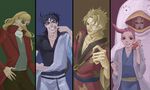  bandage_over_one_eye beard black_hair blonde_hair blue_eyes brown_eyes cheek_pull cosplay diavolo dio_brando elizabeth_(gintama) elizabeth_(gintama)_(cosplay) facial_hair gintama green_eyes gyro_zeppeli hachimaki_(19866161) hadanugi_dousa highres ishida_akira_(seiyuu) japanese_clothes jojo_no_kimyou_na_bouken joseph_joestar_(young) joui justaway katsura_kotarou katsura_kotarou_(cosplay) kimono kiseru koyasu_takehito long_sleeves male_focus miki_shin'ichirou multiple_boys pink_hair pipe red_eyes sakamoto_tatsuma sakamoto_tatsuma_(cosplay) sakata_gintoki sakata_gintoki_(cosplay) seiyuu_connection short_sleeves steel_ball_run sugita_tomokazu sunglasses takasugi_shinsuke takasugi_shinsuke_(cosplay) vinegar_doppio 