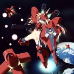  blonde_hair blue_eyes char's_counterattack earth green_eyes grune gundam heterochromia highres long_hair mecha_musume open_mouth personification revealing_clothes sazabi solo space very_long_hair 