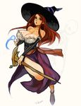 bare_shoulders breasts cleavage detached_sleeves dragon's_crown hat huge_breasts long_hair red_hair sash signature skeleton solo sorceress_(dragon's_crown) staff witch_hat yukian 
