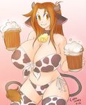  alcohol animal_ears animal_print bad_id bad_tumblr_id bare_shoulders beer bell bell_collar bikini borrowed_character breasts brown_eyes brown_hair collar colo_(nagrolaz) cow_bell cow_ears cow_girl cow_horns cow_print cow_tail ego_trigger front-tie_top highres horns huge_breasts long_hair mattie_(ego_trigger) original side-tie_bikini smile solo swimsuit tail tankard thighhighs 