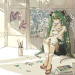  character_name green_eyes green_hair hatsune_miku highres long_hair paint paintbrush sandals sitting skirt solo twintails very_long_hair vocaloid xiaohan6th 