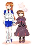  blue_bow blue_eyes blush bow bowtie brown_hair dress dress_shirt height_difference holding_hands jacket long_hair long_sleeves looking_at_viewer lyrical_nanoha magical_girl mahou_shoujo_lyrical_nanoha mahou_shoujo_lyrical_nanoha_a's mahou_shoujo_lyrical_nanoha_a's_portable:_the_battle_of_aces mahou_shoujo_lyrical_nanoha_strikers material-s military military_uniform multiple_girls pencil_skirt purple_dress purple_eyes red_hair ribbon shirt shoes short_hair side-by-side side_ponytail skirt smile star takamachi_nanoha takana thighhighs tsab_air_military_uniform uniform white_legwear white_shirt 