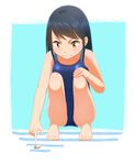  barefoot black_hair blush crab exeb. hand_on_own_knee hermit_crab legs long_hair looking_down one-piece_swimsuit original poking school_swimsuit solo squatting sweat swimsuit wavy_mouth yellow_eyes 