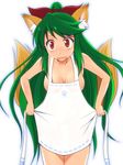  animal_ears apron bad_id bad_pixiv_id blush breasts copyright_request fox_ears fox_tail green_hair long_hair looking_at_viewer medium_breasts multiple_tails naked_apron open_mouth red_eyes simple_background solo tail unatama very_long_hair white_background 