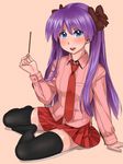  black_legwear blouse blue_eyes blush dress_shirt food hair_ribbon hiiragi_kagami holding long_hair long_sleeves looking_at_viewer lucky_star miniskirt necktie open_mouth pleated_skirt pocky purple_hair ribbon shirt sitting skirt smile solo striped thighhighs twintails vertical_stripes yokozuwari zenkou 