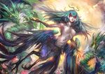  blue_hair breasts claws dragon eyelashes feathered_wings feathers harpy horns kazeco long_hair medium_breasts monster_girl nipples original shan_hai_jing solo wings yellow_eyes 