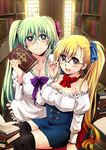  ahoge bad_id bad_pixiv_id bare_shoulders bespectacled black_legwear blonde_hair blush book bookshelf breasts chair cleavage einhart_stratos glasses green_eyes green_hair hair_ribbon heterochromia large_breasts library long_hair long_sleeves looking_at_viewer lyrical_nanoha mahou_shoujo_lyrical_nanoha_vivid multiple_girls nagashiro_rouge older open_mouth purple_eyes red_eyes ribbon side_ponytail sitting skirt smile thighhighs tome_of_the_night_sky twintails very_long_hair vivio 