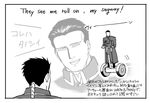  2boys english frank_archer fullmetal_alchemist long_hair military military_uniform monochrome multiple_boys open_mouth ponytail riding segway short_hair solf_j_kimblee translation_request uniform what 