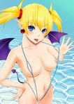 :p arcana_heart arcana_heart_2 blonde_hair blue_eyes breasts demon_tail demon_wings earrings fangs hand_on_hip jewelry lilica_felchenerow medium_breasts navel nipples pointy_ears short_hair slingshot_swimsuit solo swimsuit tail tomatto_(@ma!) tongue tongue_out water wings 
