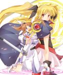  bardiche belt blonde_hair blue_eyes brown_hair cape dress fate_testarossa gloves hair_ribbon highres long_hair long_skirt long_sleeves lyrical_nanoha magic_circle magical_girl mahou_shoujo_lyrical_nanoha multiple_girls mya_knk petals puffy_sleeves raising_heart red_eyes ribbon shoes short_twintails skirt smile takamachi_nanoha thighhighs twintails very_long_hair 