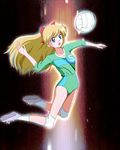  aino_minako bishoujo_senshi_sailor_moon blonde_hair blue_eyes bow buruma full_body hair_bow half_updo highres kinfuji knee_pads long_hair midair open_mouth red_bow shoes socks solo sportswear volleyball volleyball_uniform white_legwear 