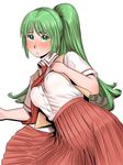  arm_support blush dress_shirt green_eyes green_hair higurashi_no_naku_koro_ni long_hair looking_at_viewer lying necktie on_side pleated_skirt ponytail red_neckwear school_uniform shirt skirt solo sonozaki_mion vest white_background white_shirt zenkou 