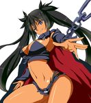  alternate_color arcana_heart arcana_heart_3 belt black_hair breasts cape chain kazuchi large_breasts long_hair navel scharlachrot shorts solo twintails very_long_hair 