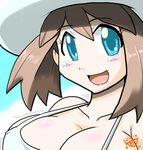 1girl blue_eyes breasts brown_hair cleavage gouguru haruka_(pokemon) large_breasts open_mouth pokemon 