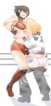  2girls ass bearhug black_hair blonde_hair boots breasts clenched_teeth dixie_clemets hinomoto_reiko large_breasts multiple_girls rumble_roses ryu3224 sweat teeth thighs wrestling wrestling_outfit 