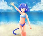  1girl animal_ears armpits beach bikini black_eyes blue_hair breasts cat_ears cat_tail cloud dragon_ball female highres midriff navel ocean personification puar sand short_hair sky smile solo swimsuit tail thigh_gap waving wink 