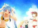  animal_print bikini blonde_hair blue_eyes blue_hair blush breasts brown_hair bunny_pose closed_eyes cloud day dearche_kings_claudia fang flat_chest hat holding leopard_print levi_russel long_hair looking_at_viewer lyrical_nanoha mahou_shoujo_lyrical_nanoha_innocent material-d material-l material-s multicolored_hair multiple_girls one-piece_swimsuit open_mouth print_bikini red_bikini red_eyes short_hair silver_hair sky small_breasts smile standing stern_starks sunglasses swimsuit takana twintails u-d visor_cap yellow_bikini yuri_eberwein 