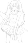  absurdres breasts dress greyscale hatsune_miku highres hujikok lineart long_hair looking_at_viewer monochrome small_breasts smile solo twintails very_long_hair vocaloid 