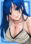  arms_behind_back blue_eyes blue_hair breasts cleavage dream_c_club dream_c_club_(series) halterneck highres huge_breasts long_hair nono_(noppodesu) reika_(dream_c_club) sideboob smile solo strap_gap 