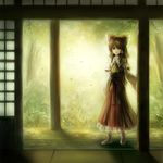  ascot brown_eyes brown_hair bug butterfly chien_zero detached_sleeves forest hair_ribbon hair_tubes hakurei_reimu highres insect long_sleeves nature open_door red_eyes ribbon sash solo touhou veranda wide_sleeves 