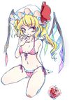  apple bikini blonde_hair blush breasts cameltoe flandre_scarlet food front-tie_top fruit grin highres long_hair mielang red_bikini red_eyes side-tie_bikini side_ponytail sketch small_breasts smile solo swimsuit touhou wings 