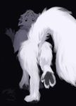  2017 anus black_background caedere digital_media_(artwork) female flexible fluffy fur joy_of_dreaming looking_at_viewer looking_back mammal multi_ear nude pawpads paws pussy simple_background smile solo taur teeth unknown_species white_fur yellow_eyes 