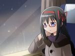  akemi_homura braid chin_rest glasses hair_ribbon jacket long_hair mahou_shoujo_madoka_magica rate_rapiku red-framed_eyewear ribbon seat semi-rimless_eyewear solo twin_braids under-rim_eyewear upper_body windowboxed 