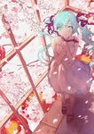  aqua_eyes aqua_hair cherry_blossoms dress flower from_above hair_ribbon hands_clasped hatsune_miku long_hair own_hands_together rabbyxxx ribbon socks solo twintails vocaloid 