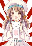 batsubyou brown_eyes brown_hair cat donald_duck_sailor_hat error_musume girl_holding_a_cat_(kantai_collection) hair_ribbon hat humanization kantai_collection long_hair open_mouth oumi_neneha ribbon shoshinsha_mark skirt smile solo sunburst twintails upper_body whiskers 