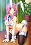 all_fours animal_ears bare_shoulders black_legwear blush breasts brown_eyes bunny_ears bunny_tail curtains detached_collar high_heels highres large_breasts long_hair looking_at_viewer navel original pink_hair plant potted_plant ribbon shoes smile solo tail thighhighs tonee twintails wrist_cuffs 